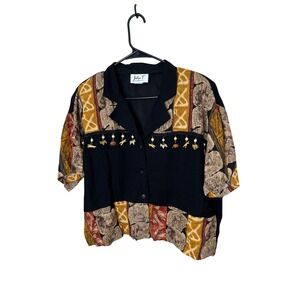 Jaclyn T‎ San Francisco Womens Blouse Top Button Up Short Sleeve Animal Print L